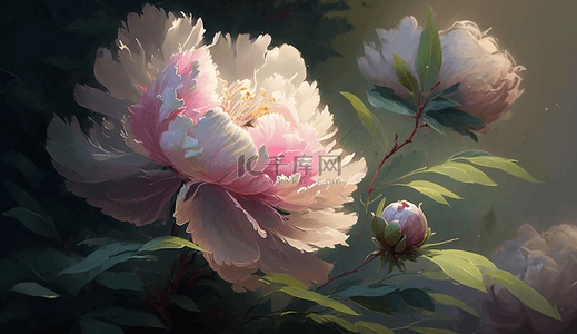 粉色的花牡丹花叶子花卉油画背景