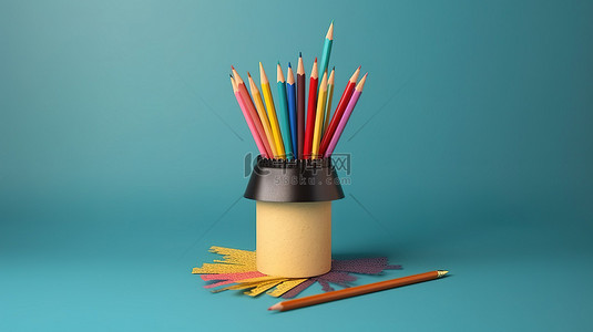 蓝色墙壁上铅笔和毕业帽的鼓舞人心的教育 3D 渲染