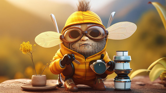 3D 背包客插画中快乐的旅行者蜜蜂