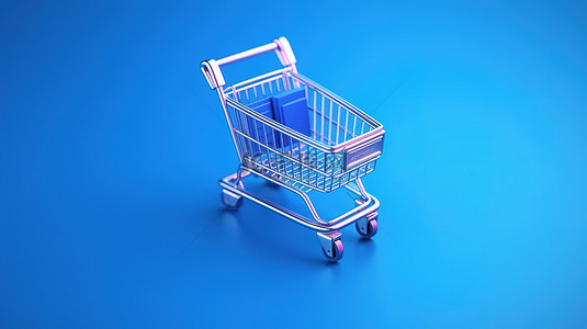 使用手机描绘在线购物和蓝色背景上门送货概念的购物车的 3D 渲染