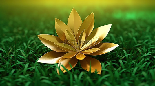 绿色草地上的金色花卉元素 3D 渲染