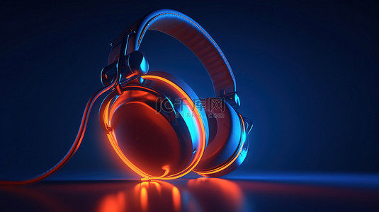 蓝牙耳机花瓣网背景图片_霓虹灯点亮蓝色背景，配有橙色复古耳机 3D 插图和耳机图标