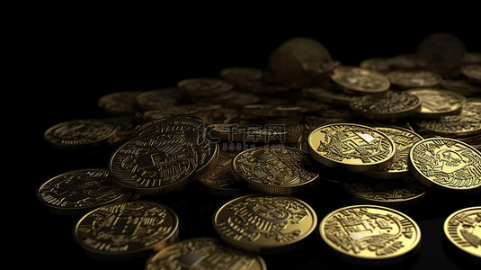 中国的银行背景图片_黑色背景，具有充足的复制空间，具有 3D 渲染的中国金币
