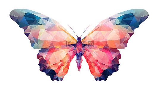 在白色背景 3d 渲染上隔离的低聚多边形风格的蝴蝶