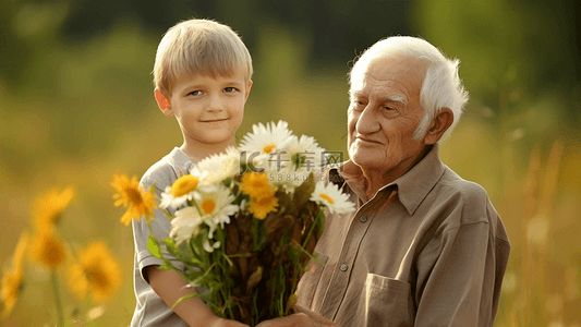 老年人的背景图片_祖父母日爷爷孙子鲜花真实背景