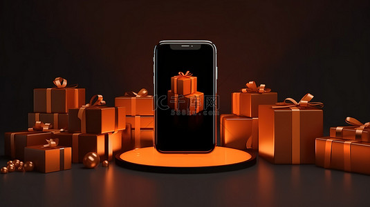 手机舞台背景图片_礼物中手机支架的天才黑暗 3D 渲染中的橙色光芒