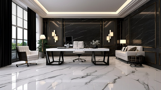 现代而永恒的办公空间 3D 渲染，配有白色办公桌和抛光黑色大理石地板