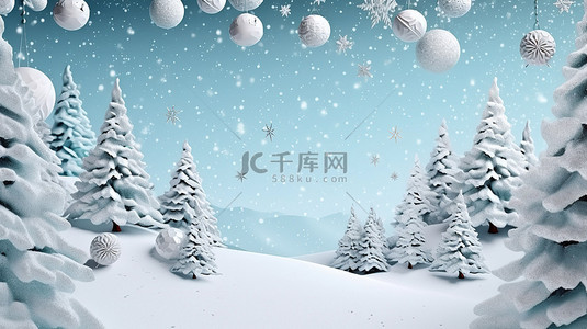 红背景2022背景图片_垂直积雪覆盖的圣诞树，带有 3D 冬季装饰，欢乐的节日背景