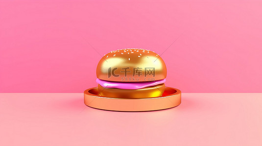 粉红色背景与简约 3D 金色芝士汉堡