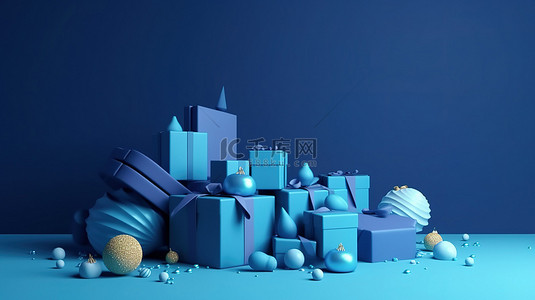 蓝色背景和文字空间礼品盒中的喜庆 3D 圣诞元素