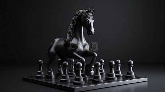 象棋游戏背景背景图片_孤立背景下单个黑马棋子的等距插图