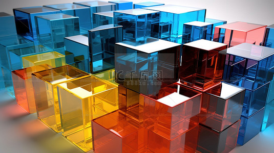 透明展示柜中充满活力的 3D 立方体令人惊叹的 3D 渲染