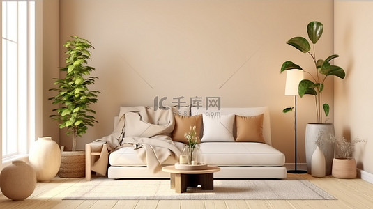 温暖主题背景图片_日本风格客厅室内设计样机波西米亚斯堪迪主题的温暖米色配色方案