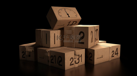 24小时发货背景图片_24 小时纸板箱和 3D 插图中的秒表