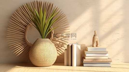 高清米色背景图片_米色墙壁装饰，以巴厘岛风格的 3D 渲染中的棕榈叶阴影下的书籍柳条篮和混凝土花瓶为特色