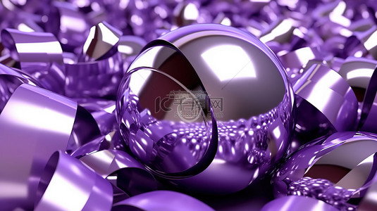 粉紫色丝带背景图片_抽象背景中紫色褶皱波中的金属球体