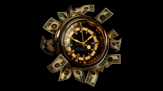 黑色背景上时钟周围的金色美元以 3D 形式说明“时间就是金钱”的概念