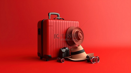 机场登机口背景图片_在充满活力的背景上以红色行李相机和帽子的 3D 渲染风格旅行，并带有复制空间