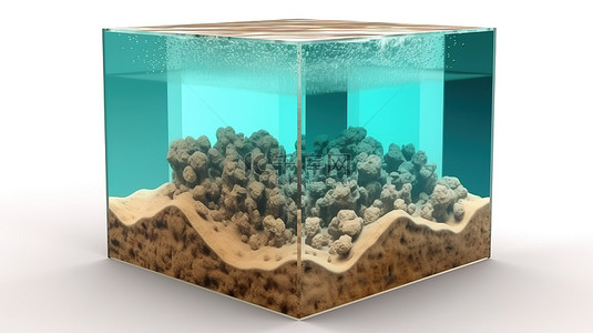 海与天空背景图片_在水立方体横截面的白色 3D 渲染与沙质水下底座上隔离