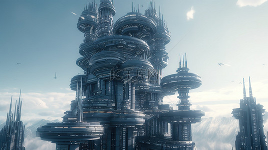 高耸的 3d 未来派科幻建筑的插图