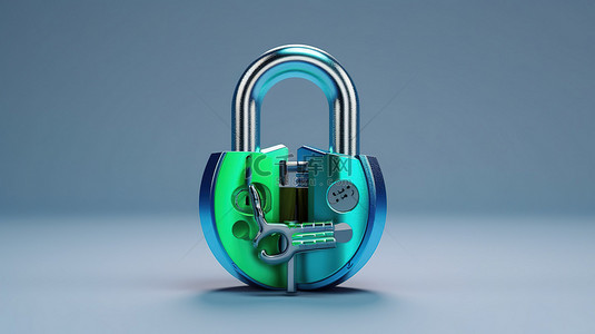 蓝色和绿色带钥匙孔的解锁挂锁的 3D 渲染插图