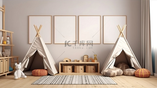 家居风格海报背景图片_乡村风格的儿童游戏室内部配有空白海报框架和帐篷 3D 渲染