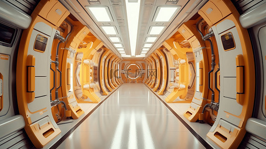 3D 渲染空间站走廊的未来派内部