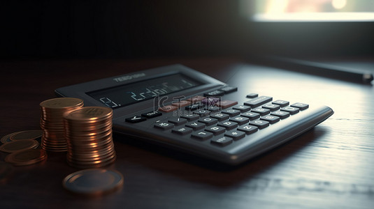 计算器显示屏上加密货币硬币的视觉描述显示 3d 中的税收计算呈现加密税收的创新概念