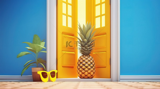 欢迎夏天，门敞开，菠萝戴着太阳镜 3D 插图，带有复制空间