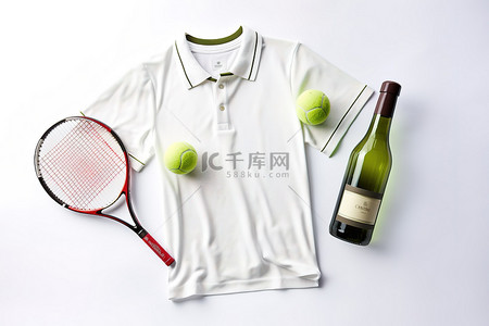 白色背景中的球拍瓶和网球衬衫