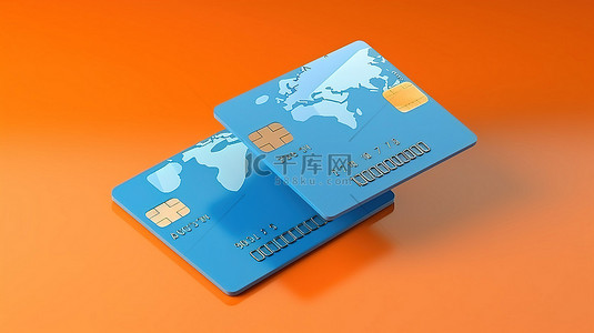 无现金背景图片_无现金支付概念蓝色信用卡的 3d 渲染，在鲜艳的橙色背景上显示正面和背面
