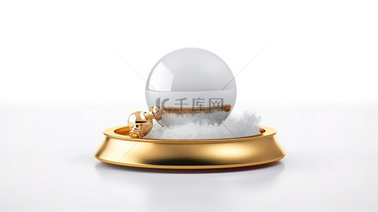 白色背景与 3D 渲染空雪球和金色托盘