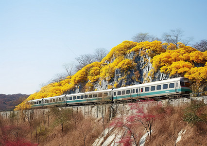 一列彩色火车驶离一座黄叶小山时缓缓驶来