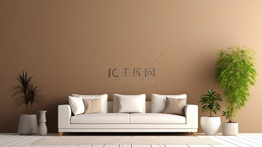 简约设计的客厅中白色沙发的当代放松 3D 渲染