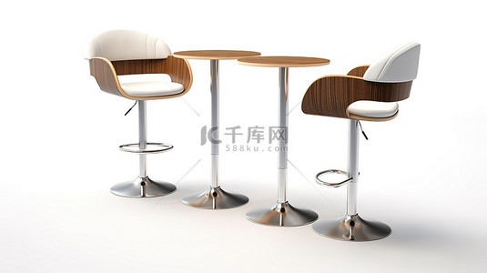 白色背景的 3D 渲染图像，配有现代酒吧桌和两把椅子