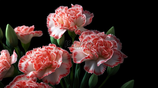 黑色背景康乃馨花的 3d 渲染