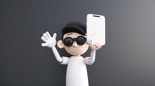 握住手机的手背景图片_卡通手握住手机，具有时尚的 3D 渲染效果