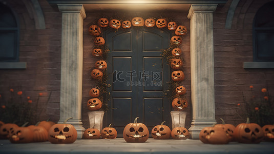 恐怖的骨头背景图片_怪异的万圣节场景杰克灯笼骨头传统装饰在房子门 3D 渲染
