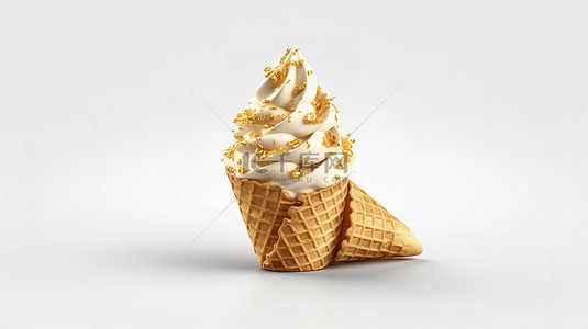 美味的金色软冰淇淋，放在脆皮华夫饼锥中，在白色背景上以 3D 渲染