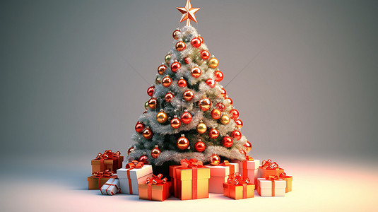 3D 渲染的礼物装饰着节日的圣诞树