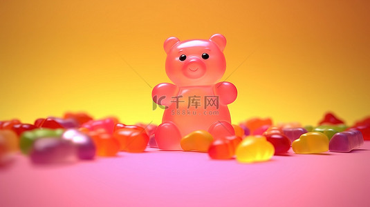 软糖小熊背景图片_软糖熊喜欢粉红色背景上的彩色果冻豆，适合儿童 3D 渲染