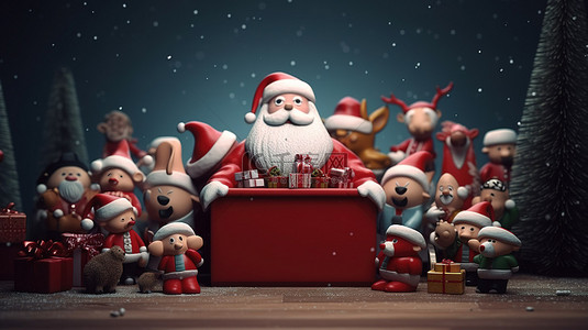 圣诞节背景下包含圣诞老人和他的节日朋友的礼品盒的 3D 渲染