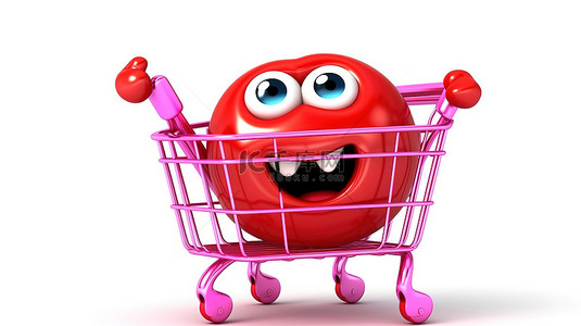 购物吉祥物的 3D 渲染，穿着粉色釉面草莓甜甜圈，在白色背景上推着购物车