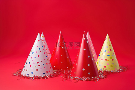 生日蛋糕通用劵背景图片_红色背景上的派对帽子