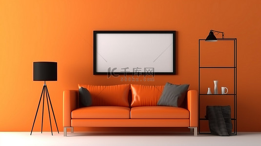 橙色样机背景图片_带有矩形相框和配件的橙色单色室内房间的 3D 渲染