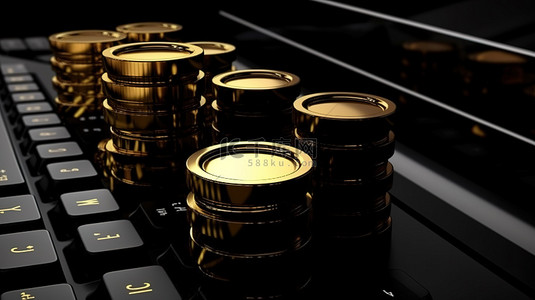 在线交易商品的概念表示，以 3D 黑桶和键盘上的金币为特色