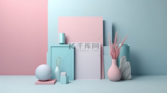 3d 渲染中粉红色和淡蓝色工作室背景上的产品展示和消息显示