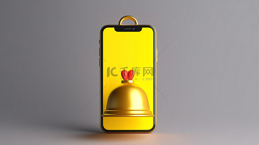 手持手机的 3D 渲染，显示黄色响铃图标作为通知