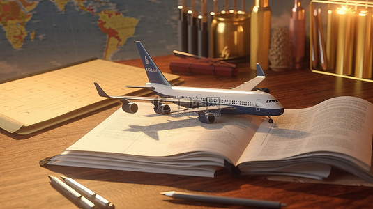探索世界一套航空旅行必需品喷气式客机护照机票和木桌上的书写材料 3D 渲染