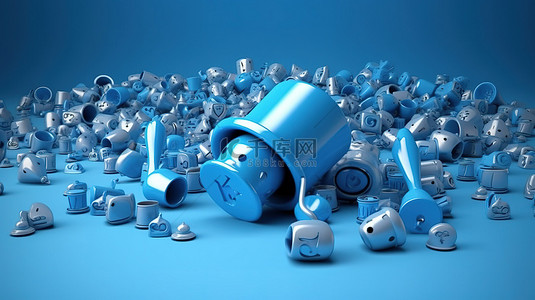 营销概念 3D 渲染蓝铃和社交媒体图标的插图，具有爱和情感等特点